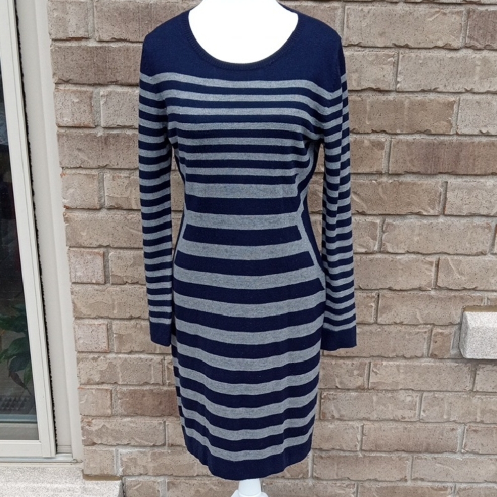 Calvin Klein Navy and Gray Striped Long Sleeve Dress